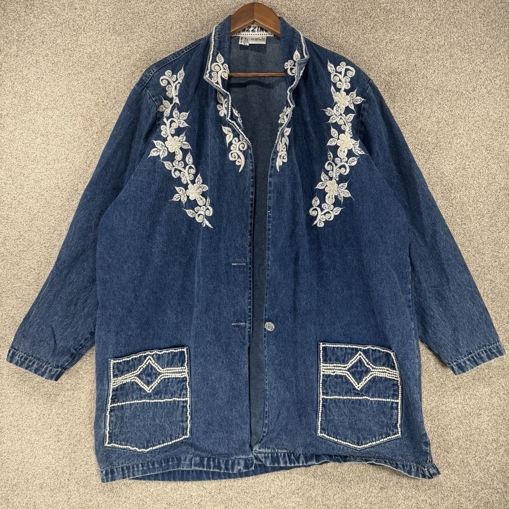 JAZZINO Western Boho Oversize‎ Denim Jacket XXL Blue Floral Embroidery *Flaw